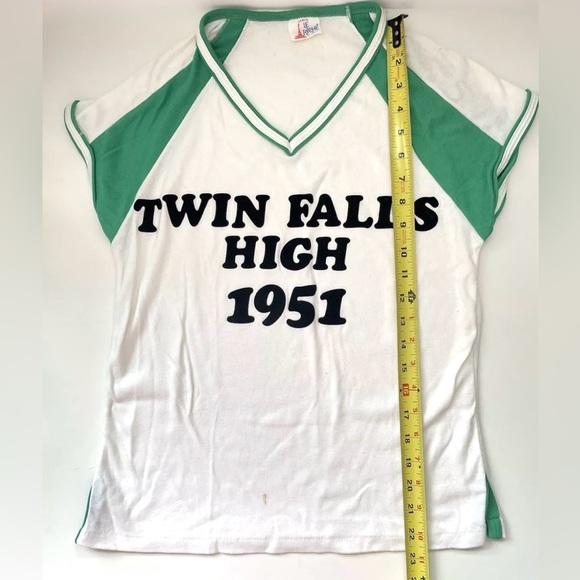 Vintage 1970’s Le Riche V-Neck Ringer Tee, Twin Falls High 1951, USA Made Shirt - Picture 7 of 10